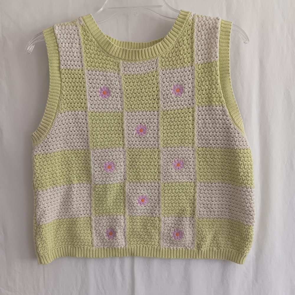 See And Be Seen Sweater Vest Womens M Green Excellent Floral Checkered Knit Top
